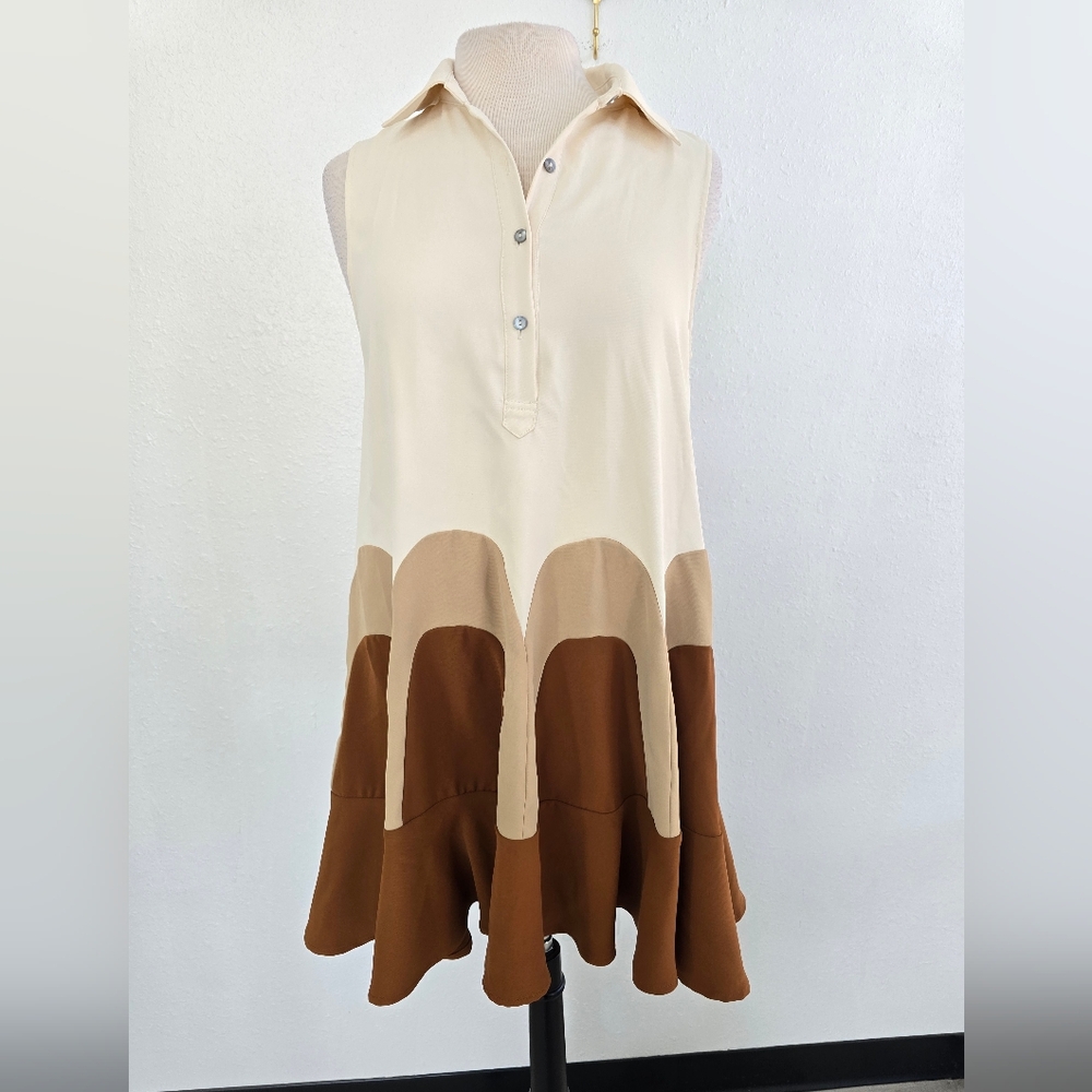 Entro NWT Flounce Nadia Color Block Cream And Brown Arch Collar Dress Size Small - Picture 3 of 9
